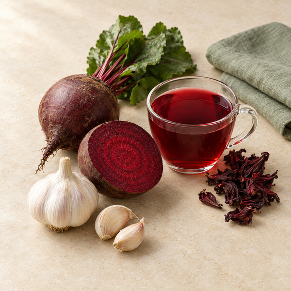 Illustration of garlic, beets, and hibiscus tea